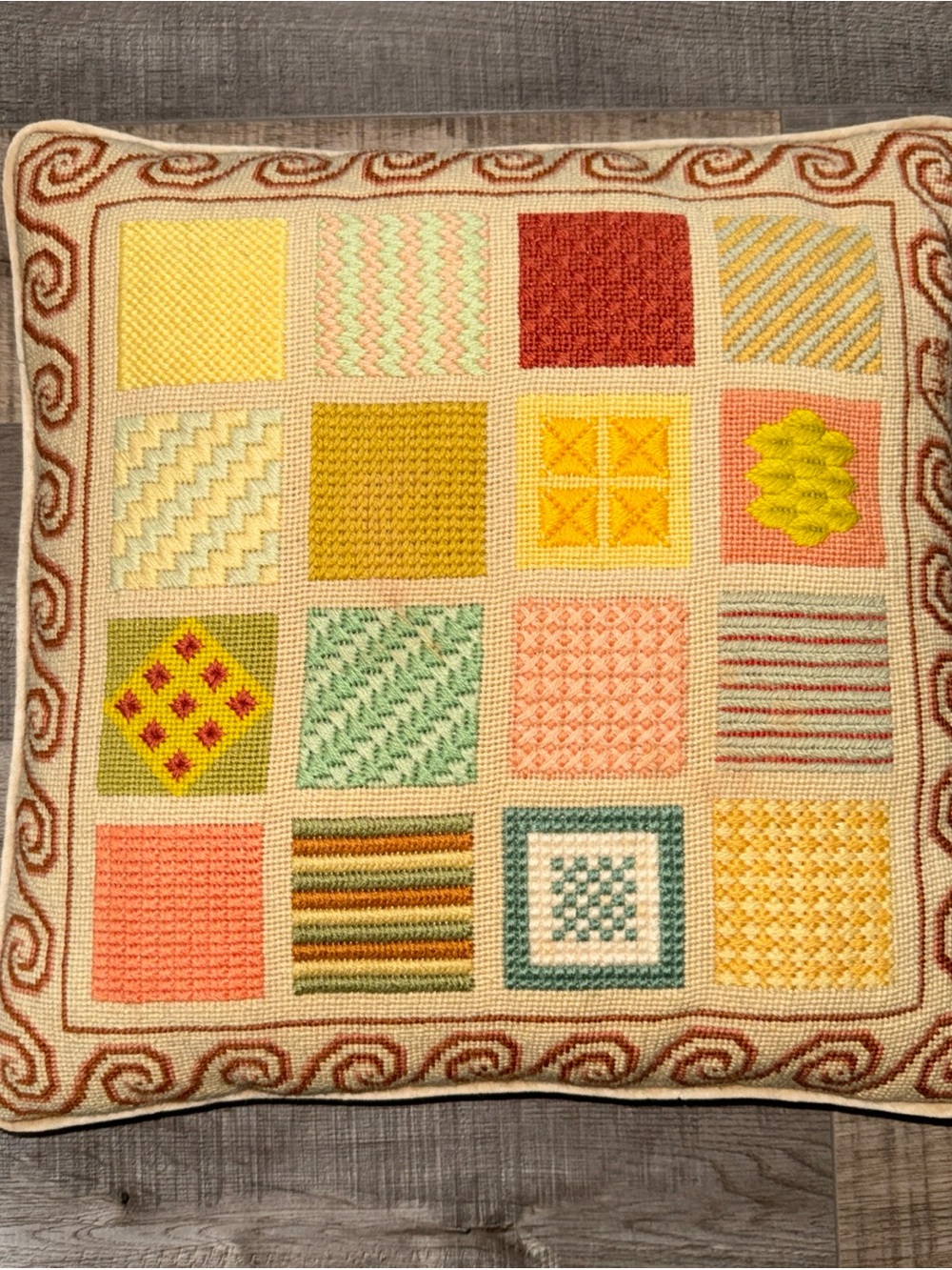 Embroidered Patchwork Needlepoint Pillow in Yellow, Pink, Green & Coral vintage